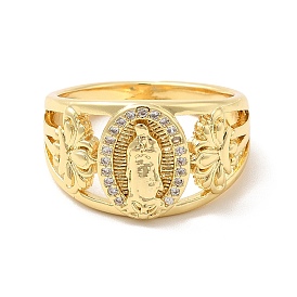 Clear Cubic Zirconia Virgin Mary with Flower Finger Rings, Brass Wide Band Ring for Women, Cadmium Free & Nickel Free & Lead Free