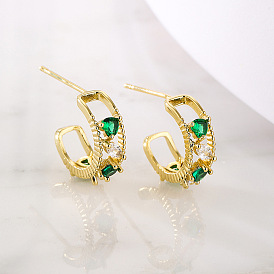 Elegant French Style 18K Gold-Plated Copper Micro-Inlaid Zircon C-shaped Stud Earrings for Women