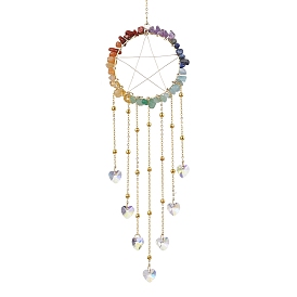 Wire Wrapped Chakra Natural Gemstone Chips Ring with Star Hanging Ornaments, Glass Heart Tassel Suncatchers for Indoor Window Patio Garden Decorations