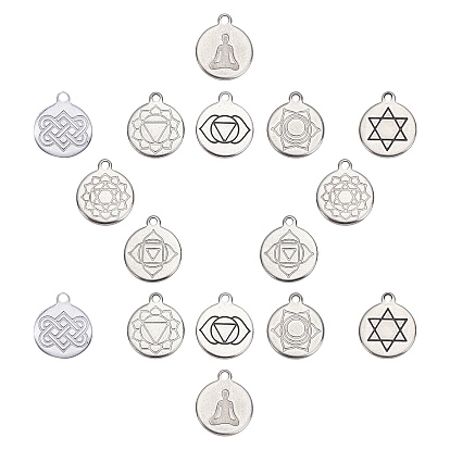 16 pcs 8 style 201 breloques en acier inoxydable, plat et circulaire avec chakra