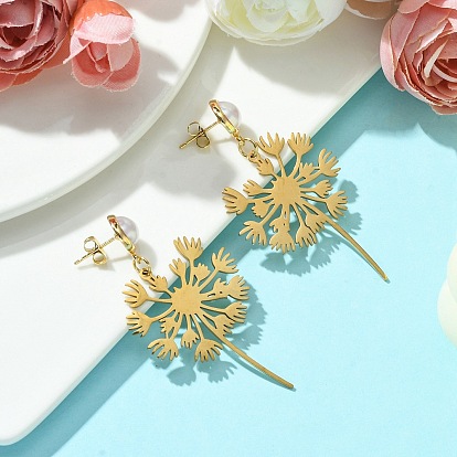 201 Stainless Steel Dandelion Dangle Stud Earrings with Brass Pins, Long Drop Earrings with ABS Plastic Imitation Pearl