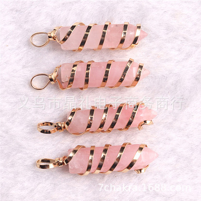 Natural Rose Quartz Metal Wire Wrapped Faceted Bullet Pendants, Pointed Charms