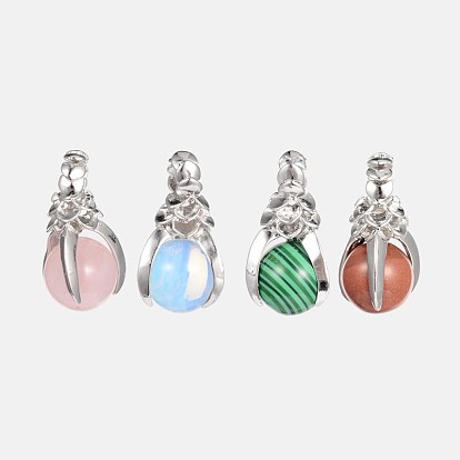 Gemstone Pendants, with Brass Findings, Cadmium Free & Lead Free, Claw & Round, Platinum, 35x18mm, Hole: 5mm