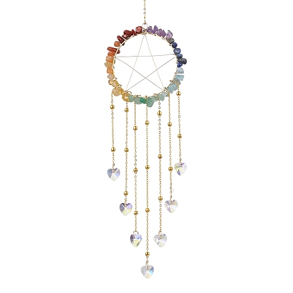 Кольцо с натуральными драгоценными камнями в виде чакры, обернутое проволокой, с подвесными украшениями в виде звезд, Стеклянные ловцы солнца в форме сердца с кисточками для украшения окон, патио, сада в помещении