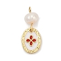 Natural Cultured Freshwater Pearl & Brass Pendants, with Enamel, Oval Charms, Rack Plating, Cadmium Free & Lead Free, Long-Lasting Plated