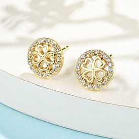 Плоские круглые серьги-гвоздики с клевером из латуни с микропаве из прозрачных кубических цирконий, стойки покрытие, долговечный, без свинца и без кадмия