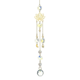 Glass Round Pendant Decorations, Hanging Suncatchers, with Lotus & Moon & Star Stainless Steel Charms and Glass Octagon Link
