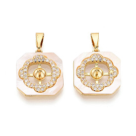 Латунный микро-паве кубический кубик циркония жемчужина, восьмиугольник, с оболочкой, за половину пробурено бисера