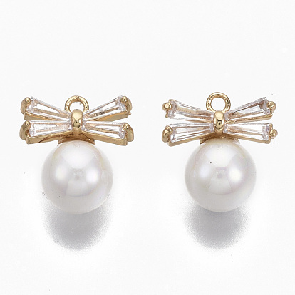 Brass Micro Pave Cubic Zirconia Charms, with Acrylic Imitation Pearl, Nickel Free, Real 18K Gold Plated, Bowknot