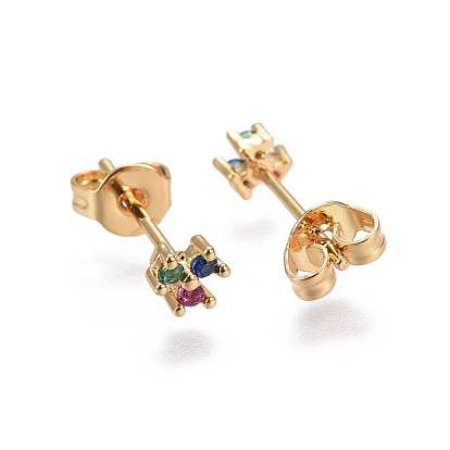 Brass Micro Pave Cubic Zirconia Stud Earrings, Clover, Golden