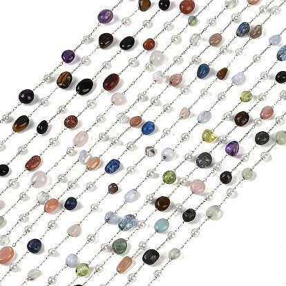 Ионное покрытие (ip) 304 цепи для канцелярских скрепок из нержавеющей стали, с натуральными и синтетическими бусинами из драгоценных камней и жемчужинами из АБС-пластика, реальный 18 k позолоченный