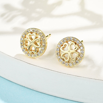 Плоские круглые серьги-гвоздики с клевером из латуни с микропаве из прозрачных кубических цирконий, стойки покрытие, долговечный, без свинца и без кадмия