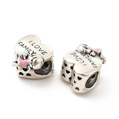 Rack Plating Alloy Enamel European Beads, Large Hole Beads, Heart with Girl & Word I Love Family