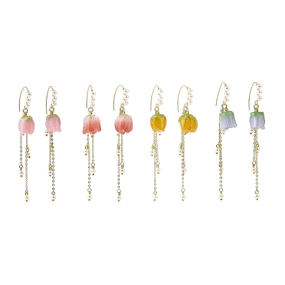 Plastic Flower with Imitation Pearl Beaded Dangle Earrings, Golden Brass Tassel Long Drop Earrings for Women