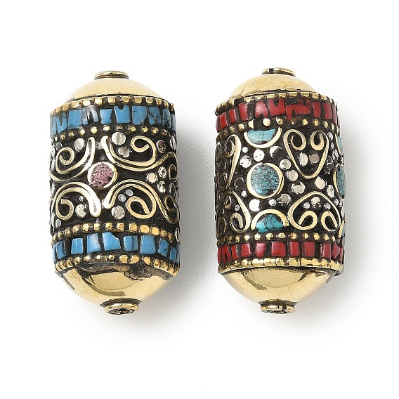 Ручной тибетском стиле бисера, колонка, Латунные бусины, с синтетическими бирюзовый, античное золото 