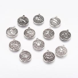 Tibetan Style Alloy Pendants, Flat Round with Constellation/Zodiac Sign, Antique Silver