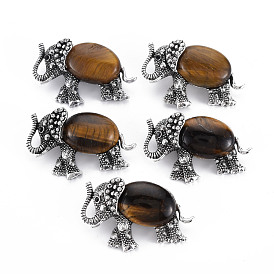 Elephant Alloy Brooch, Natural Tiger Eye Lapel Pin with Loop for Backpack Clothes Pendant Jewelry, Cadmium Free & Lead Free, Antique Silver