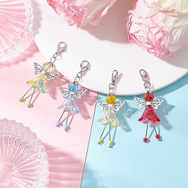 Adornos colgantes de ángel con flores de vidrio y acrílico, Dijes con cierres de pinza de langosta para adornos de bolsos