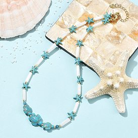Colliers à perles dégradées en turquoise synthétique teintée, ornés d'étoiles de mer, de tortues et de coquillages naturels, pour un été sur la plage., or