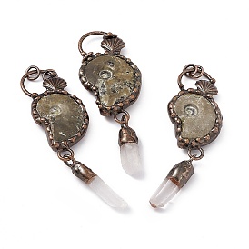 Natural Fossil Big Pendants, Shell Charms with Faceted Bullet, with Rack Plating Red Copper Tone Brass Findings and Quartz Crystal, Cadmium Free & Lead Free