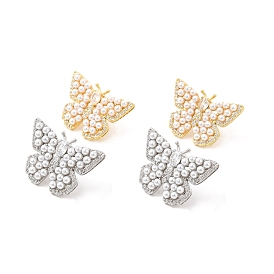 Clear Cubic Zirconia Butterfly Stdud Earrings with ABS Pearl Beaded, Brass Jewelry for Women, Cadmium Free & Lead Free