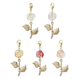 5Pcs 5 Colors Rose Glass Pendant Decorations, Stainless Steel Lobster Claw Clasps Charm for Bag Key Chain Ornaments