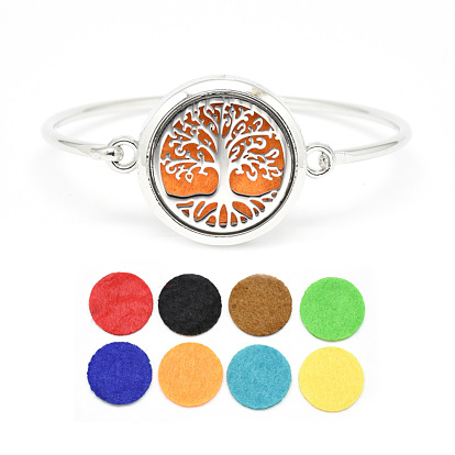 Brass Diffuser Locket Bangles, with Alloy Findings, 304 Stainless Steel Findings and Random Single Color Non-Woven Fabric Cabochons Inside, Magnetic, Flat Round with Tree of Life
