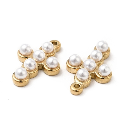 ABS Plastic Imitation Pearl Pendants, with Tone Real 18K Gold Plated 201 Stainless Steel Findings, Cross Charm