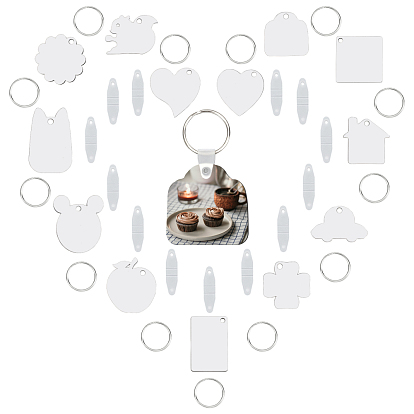 DIY Sublimation Double-Sided Blank MDF Keychains, with Mixed Shape Wooden Hard Board Pendants and Iron Split Key Rings