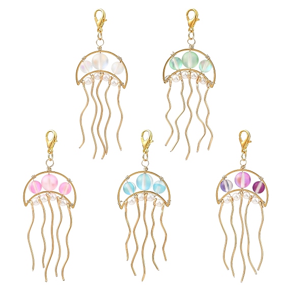 201 Stainless Steel & Synthetic Moonstone Beaded Pendants Decoration, with Zinc Alloy Lobster Claw Clasps, Jellyfish