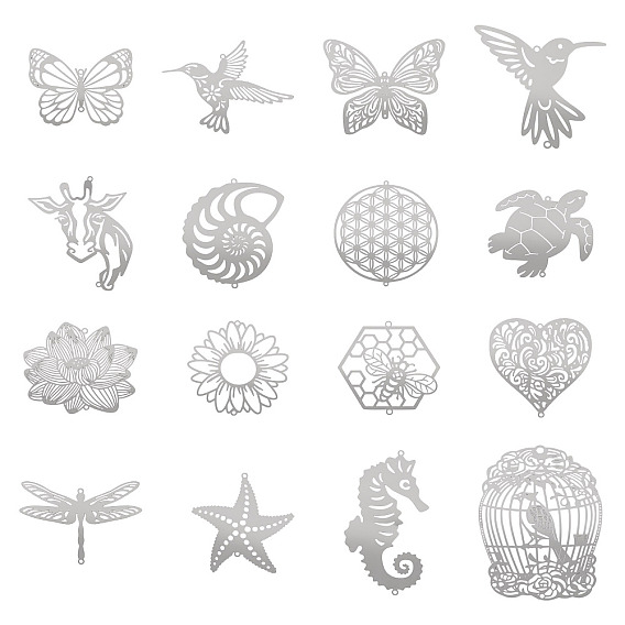 16 шт. 16 стили 201 украшения из нержавеющей стали с травлением, подвески-подвески, цвет нержавеющей стали