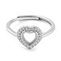Heart Adjustable 925 Sterling Silver Ring Components, with Cubic Zirconia, Open Bezel Setting