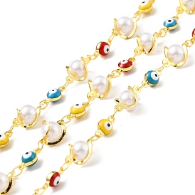 Handmade Brass Enamel Flat Round with Evil Eye Link Chain, with Twisted CCB Plastic Bead Links, Long-Lasting Plated, Soldered, with Spool