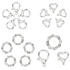 SUNNYCLUE 18Pcs 3 Style Zinc Alloy Lobster Claw Clasps and Spring Gate Rings, Heart & Parrot Trigger & Polygon Ring