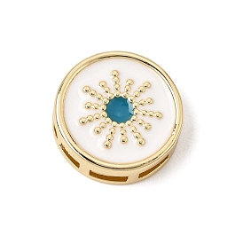Brass Enamel Beads, Flat Round with Sun, Rack Plating, Long-Lasting Plated, Cadmium Free & Lead Free, Real 18K Gold Plated