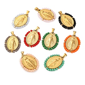 Ion Plating(IP) 304 Stainless Steel Faceted Rondelle Grass Wrapped Oval Pendants, Virgin Mary Charms, Real 18K Gold Plated