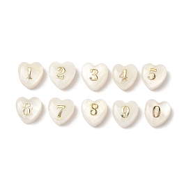 10 piezas 10 estilos de cuentas de concha natural, corazón con número 0~9, con resina epoxi dorada