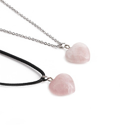 Natural Pink Crystal Heart Pendant Necklace with Raw Peach Gemstone Charm