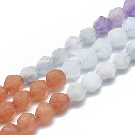 Natural Aquamarine & Amethyst & Amazonite & Sunstone Beads Strands, Faceted, Round, Star Cut Round Beads