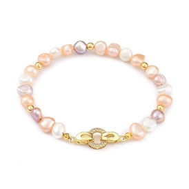 Natural Cultured Freshwater Pearl Beaded Bracelets, with Brass Beads and Brass Micro Pave Cubic Zirconia Fold Over Clasps, Colorful