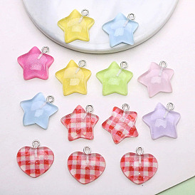 Прозрачные смоляные подвески, сердце / звезда, с платиновой железной петлей и пудрой с блестками