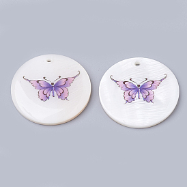 Freshwater Shell Pendants, Flat Round with Butterfly