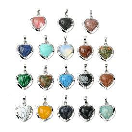 Gemstone Pendants, Heart Charms with Rack Plating Platinum Plated Brass Findings, Cadmium Free & Lead Free, Cadmium Free & Lead Free