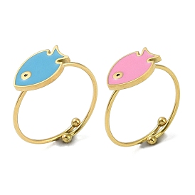 Fish 304 Stainless Steel Enamel Ring, 316 Surgical Stainless Steel Open Cuff Ring for Women, Real 18K Gold Plated