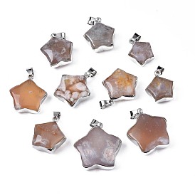 Natural Cherry Blossom Agate Pendants, with Platinum Plated Iron Findings, Star