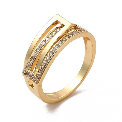 Clear Cubic Zirconia Interlocking Rectangle Finger Ring, Rack Plating Brass Jewelry for Women, Cadmium Free & Lead Free