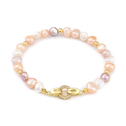 Natural Cultured Freshwater Pearl Beaded Bracelets, with Brass Beads and Brass Micro Pave Cubic Zirconia Fold Over Clasps, Colorful