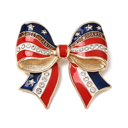 Independence Day Enamel Pins, Alloy Rhinestone Lapel Pins for Backpack Clothes, Sweet Land of Liberty with Bowknot, Light Gold