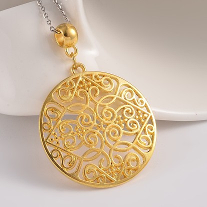 Filigree Flat Round Alloy European Dangle Charms, Large Hole Pendants, 50x35x3mm, Hole: 4.5mm