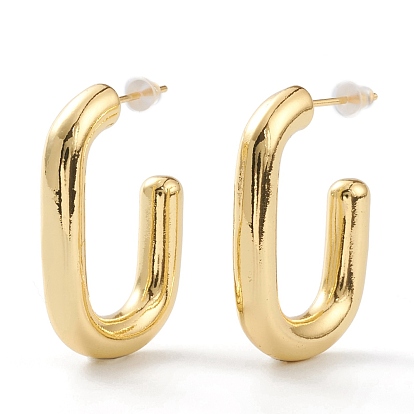 Brass Half Hoop Earrings, with Steel Pin and Plastic Ear Nuts, Long-Lasting Plated,  Oval
